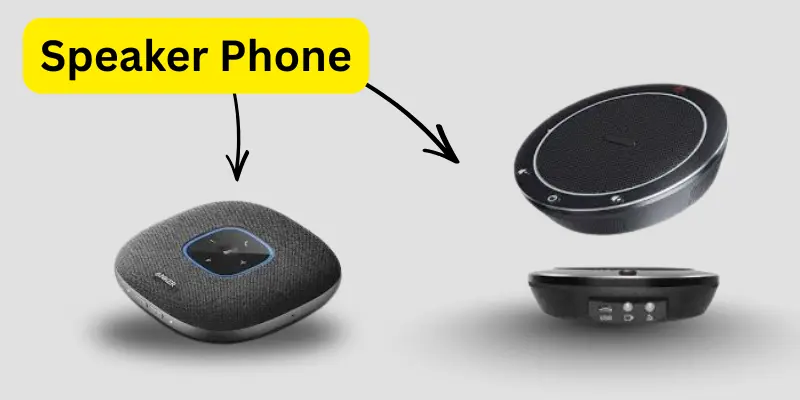 Image showing two modern speakerphones with arrows pointing toward them and a yellow label reading ‘Speaker Phone’ on a light background.