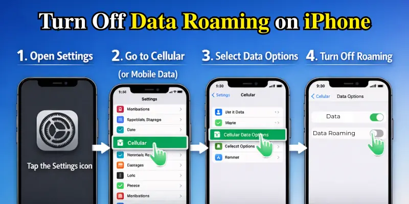 Step-by-step iPhone screens showing how to turn off data roaming using settings, cellular, data options, and roaming toggle