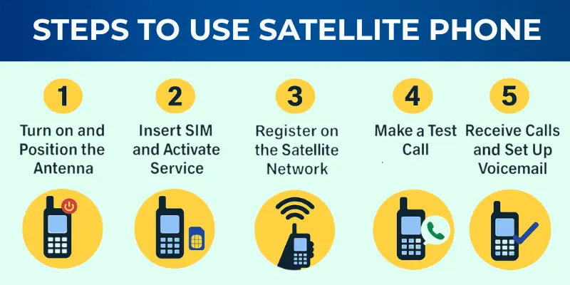Steps to use satellite phone: Turn on, insert SIM, register, make test call, and set up voicemail.