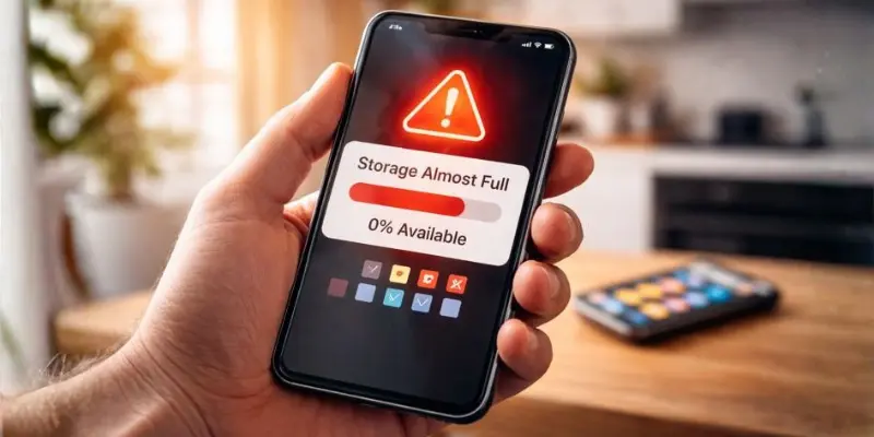 Storage almost full warning on smartphone screen with a red alert and 0% available space, indicating storage issue and app clutter.