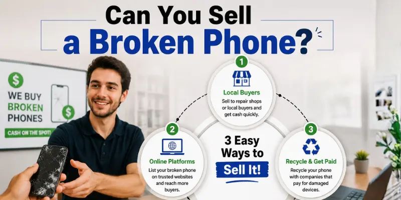 Infographic showing three easy ways to sell a broken phone: local buyers, online platforms, and recycling companies that pay.
