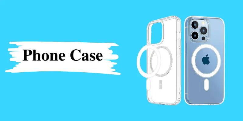 Clear phone case for iPhone with MagSafe ring on blue background, highlighting protection, style, and modern design features.