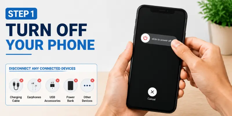 Step 1 shows turning off a mobile phone before cleaning, with a power off screen and connected accessories removed.