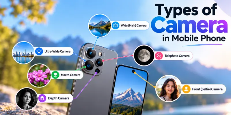 Infographic showing types of camera in mobile phone: main, ultra-wide, macro, depth, telephoto, and front selfie cameras.