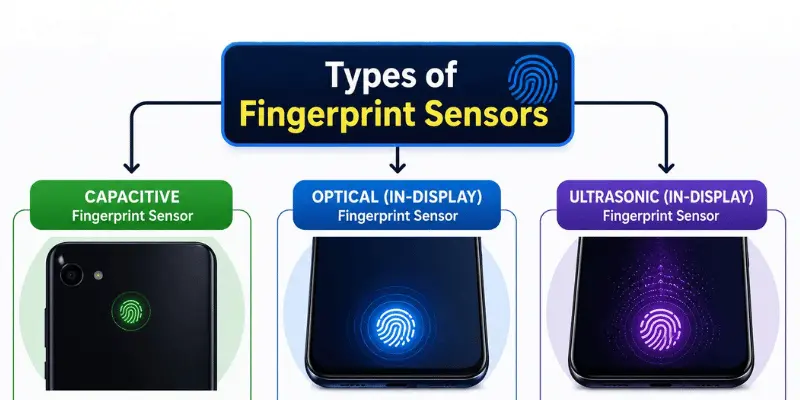 Types of fingerprint sensors diagram showing capacitive, optical and ultrasonic in-display fingerprint sensors on three phones.