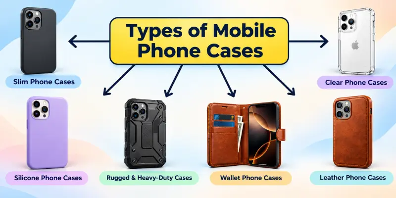 Mobile phone case types infographic showing six styles: slim, clear, silicone, rugged, wallet, and leather, with phone images.