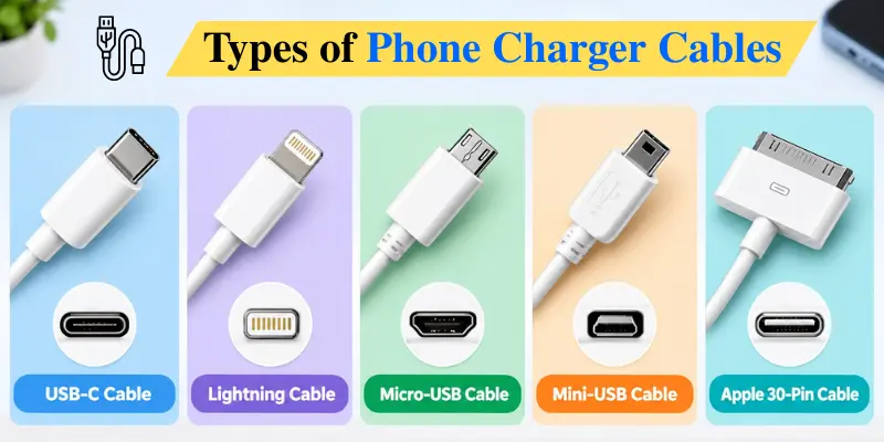 Five phone charger cables in panels, labeled USB-C, Lightning, Micro-USB, Mini-USB, and Apple 30-pin, with connector close-ups.