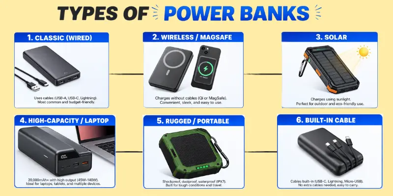 Infographic showing 6 types of power banks with images : classic wired, wireless MagSafe, solar, high-capacity laptop, rugged portable, and built-in cable