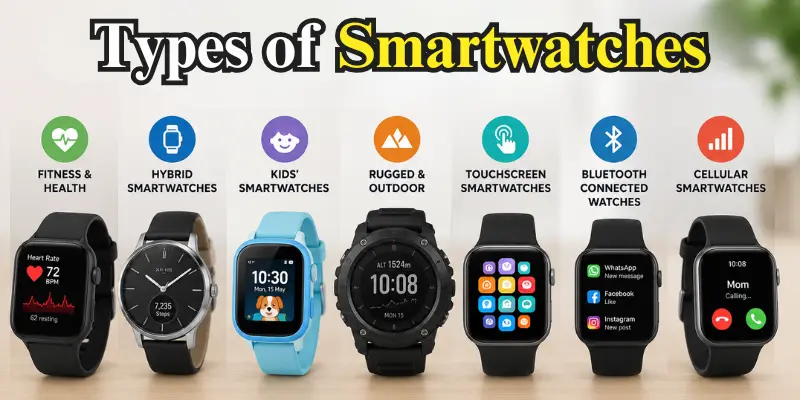 Infographic displaying seven types of smartwatches, including fitness, hybrid, kids, rugged, touchscreen, Bluetooth, and cellular.
