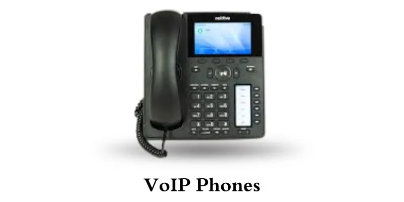 VoIP phone with a digital screen and keypad, designed for internet-based communication with high-quality audio.