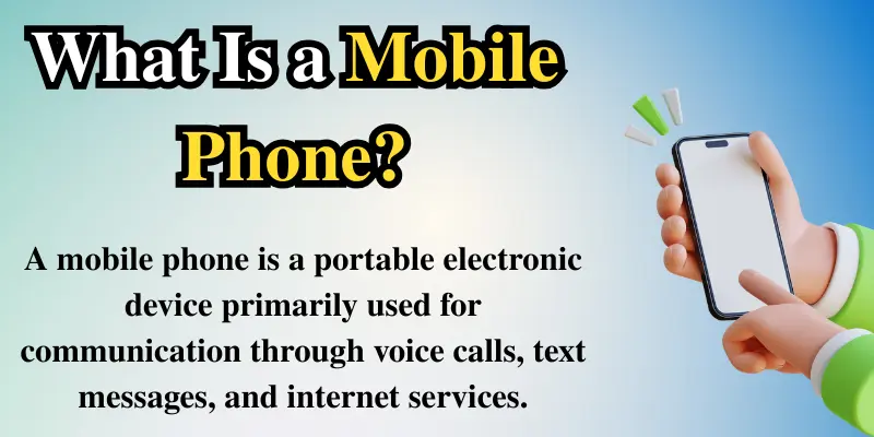 What is a mobile phone explained with definition image highlighting communication uses like calls, messages, and internet services.