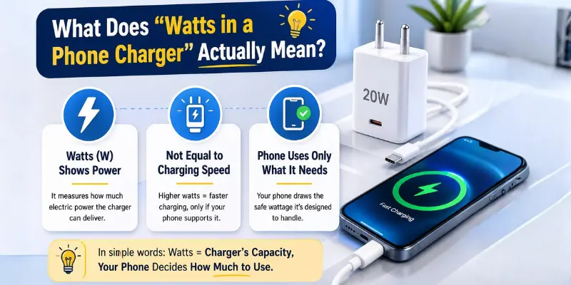 20W phone charger and smartphone graphic explaining watts in a phone charger, charging power, speed, and safe phone usage