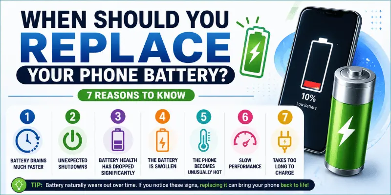 Infographic titled 'When Should You Replace Your Phone Battery?' showing a smartphone, battery icon, and 7 signs of battery failure.