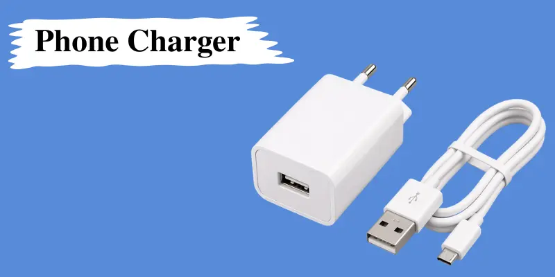White phone charger with a USB-A port and USB-C cable, featuring the text 'Phone Charger' on a blue background