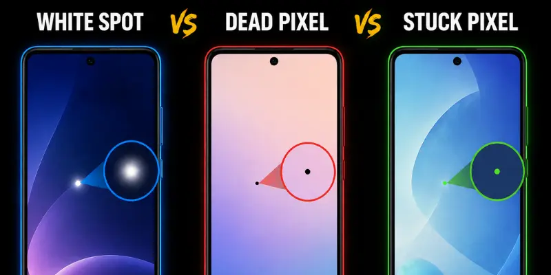 Comparison of white spot, dead pixel, and stuck pixel on three phone screens, each highlighted with a colored magnified circle.