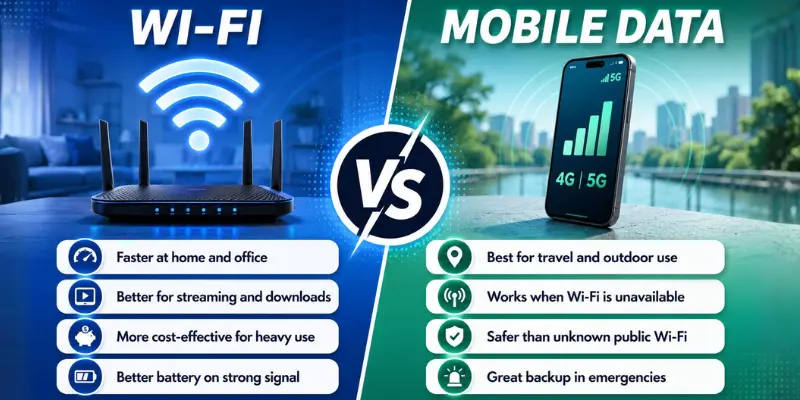 Wi-Fi router vs 4G/5G mobile data infographic showing speed, coverage, streaming, security, and travel benefits